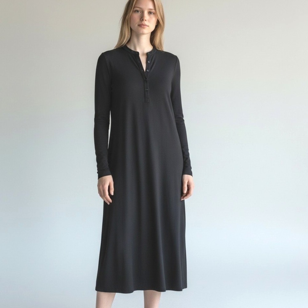 Soma Intimates Black Long‎ Sleeve Midi Dress Gown Button Up Womens Long Sleeve M